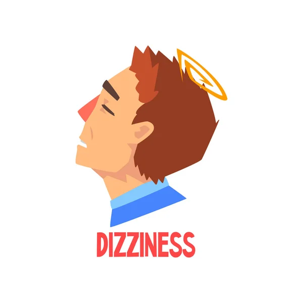 Homme souffrant de maux de tête et de vertiges, maladie de la tête, migraine, malade malheureux personnage vecteur Illustration — Image vectorielle