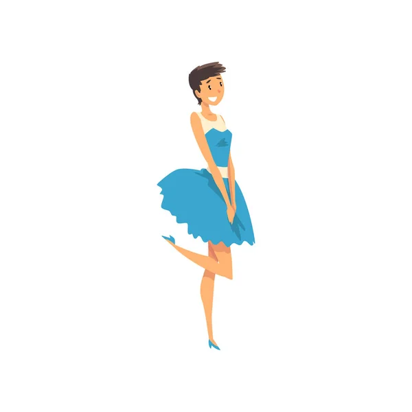 Jeune femme souriante en robe bleue vecteur Illustration — Image vectorielle