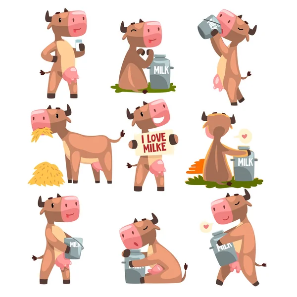 Śmieszne brązowe krowy w różnych sytuacjach zestaw, Ferma zwierząt cartoon charakter wektor ilustracja — Wektor stockowy