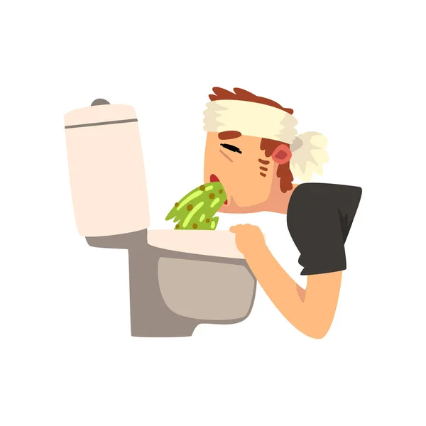 Hombre enfermo vomitando en la taza del inodoro vector Ilustración — Vector de stock