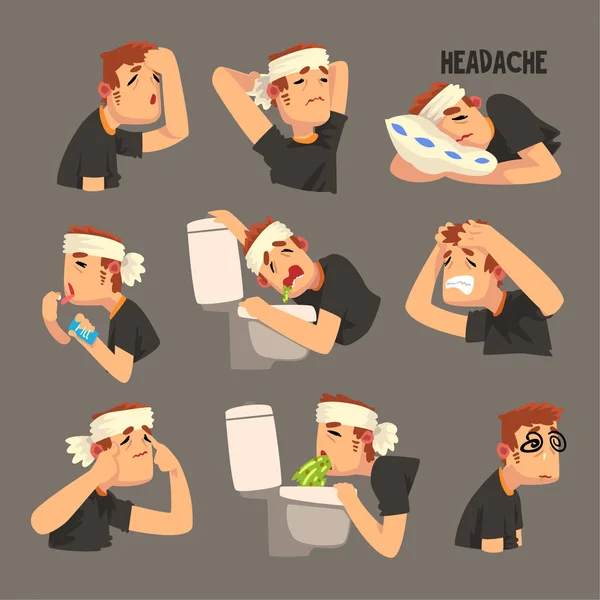 Homem doente com uma cabeça enfaixada, com um conjunto de dor de cabeça, pessoa que sofre de dor de cabeça, náuseas, vômito vetor Ilustração —  Vetores de Stock