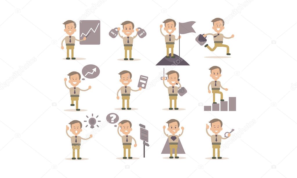 Flat vector set of businessman in different working actions. Successful office worker or bank manager