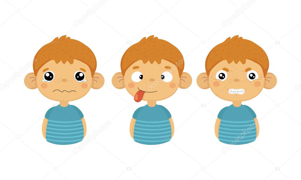 Flat vector set of cute little boy with various facial expressions. Crying kid, tongue out and angry emotion