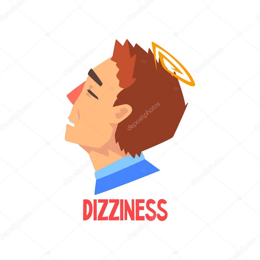 Man suffering from headache and dizziness, disease of the head, migraine, sick unhappy man character vector Illustration