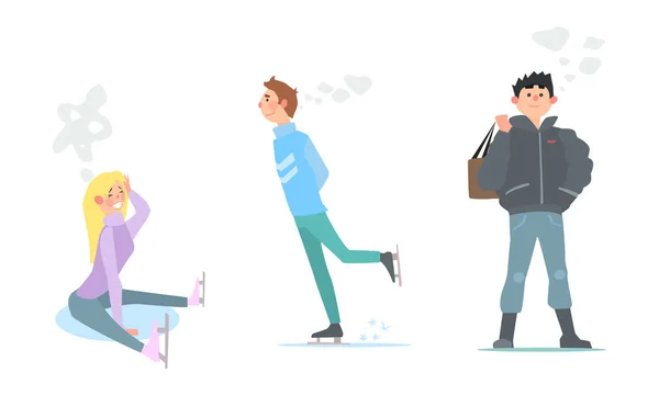 Menina e jovem patinagem, atividades de inverno vetor Ilustração, pessoas calorosamente vestidas vetor Ilustração —  Vetores de Stock