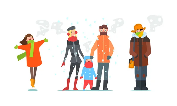 Personas cálidamente vestidas, vector de tiempo de invierno Ilustración — Vector de stock