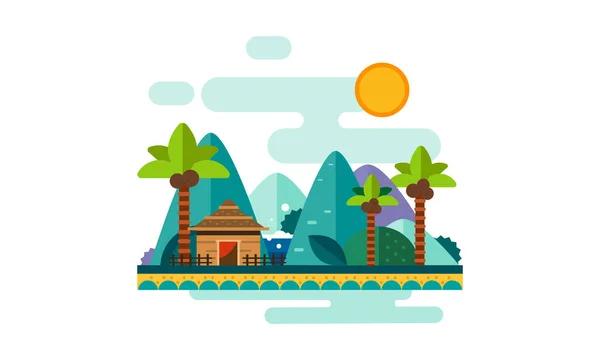 美丽的热带景观, 沙滩与棕榈树, 平房, 山脉和太阳向量插图 — 图库矢量图片
