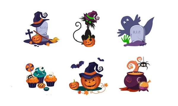 Halloween elementos de diseño conjunto, símbolos de miedo vector Ilustración — Vector de stock