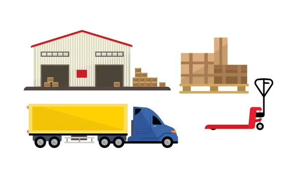 Logistica e trasporto, magazzino, stoccaggio e consegna del carico vettore Illustrazione — Vettoriale Stock