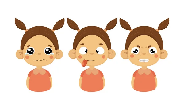 Flat vektor uppsättning liten flicka med olika ansiktsuttryck. Gråtande barn, tungan ut och arga känslor — Stock vektor