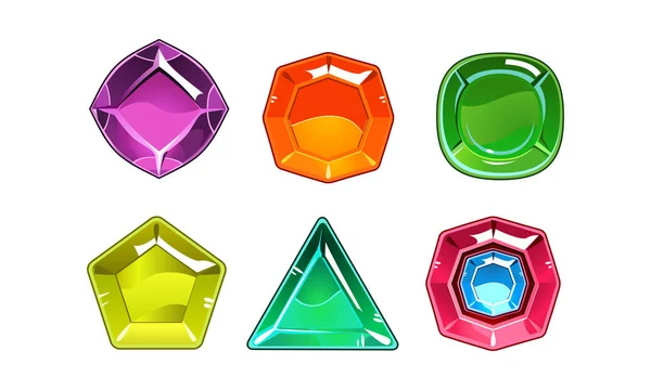Dibujos animados vector conjunto de 6 piedras preciosas brillantes de diferentes formas. Piedras valiosas. Activos de juego — Vector de stock