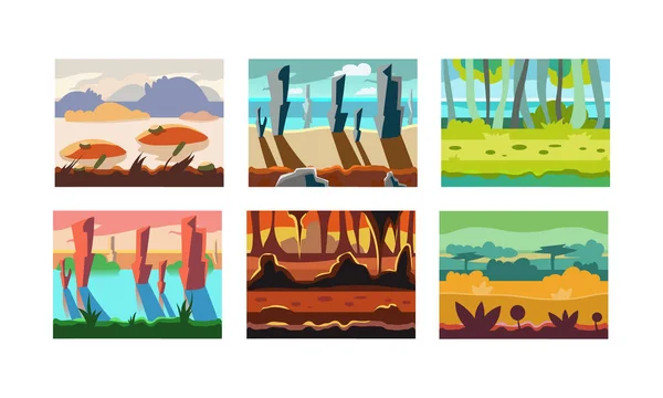 Platte vector set van naadloze achtergronden voor mobiele spel. Landschappen met wilde bossen, kliffen, bergen en rivieren — Stockvector