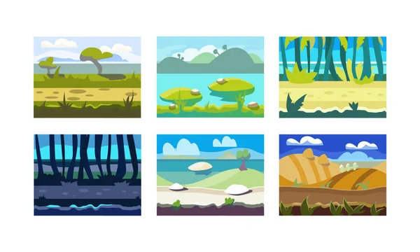 Conjunto de vectores planos de fondos horizontales sin costura para juegos móviles o de ordenador. Paisajes naturales coloridos — Vector de stock