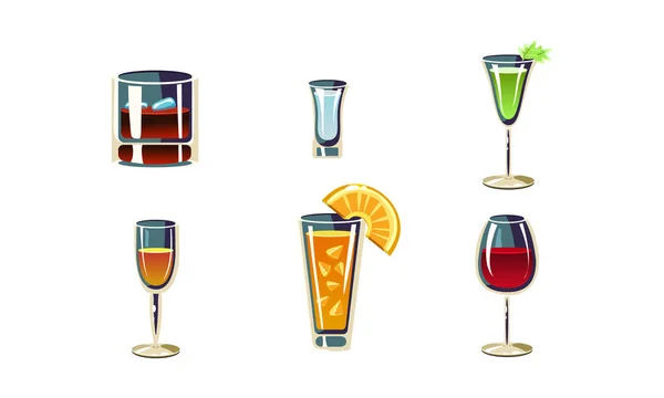 Ensemble vecteur de bande dessinée de boissons alcoolisées dans différents verres. Des cocktails savoureux. Éléments pour menu café ou restaurant — Image vectorielle