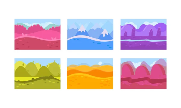 Flat vector set of seamless horizontal backgrounds for game. Abstract natural landscapes