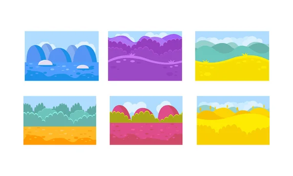 6无缝背景的平面矢量集, 适用于手机游戏。风景与抽象森林、小山和蓝色冰川 — 图库矢量图片