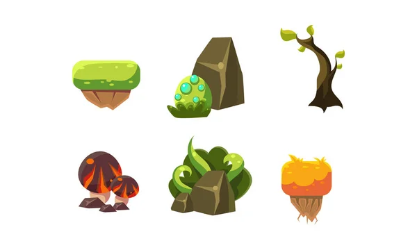Vektör karikatür peyzaj öğeleri mobil oyun için ayarlayın. Fantastik bitkiler, taşlar, platformlar zemin. Orman nesneleri — Stok Vektör