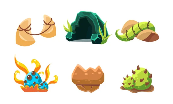 Векторный набор мультипликационных ландшафтных элементов для фантастической мобильной игры. Пещера, камни и зеленые растения. Игровые активы — стоковый вектор