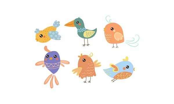 Flat vector set of cute little birds. Lovely creatures with small wings. Graphic elements for children book — Stock Vector