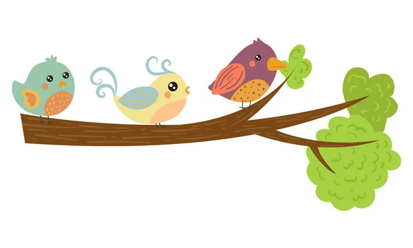 Tres pájaros encantadores en la rama verde del árbol. Adorables criaturas con pequeñas alas. Temporada de primavera. Diseño de vector plano — Archivo Imágenes Vectoriales