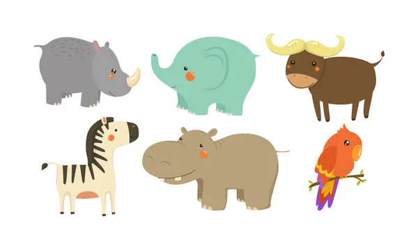 Conjunto de animales africanos. Adorables personajes de dibujos animados. Tema Vida Silvestre. Elementos de vectores planos para niños libro — Vector de stock