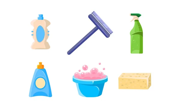Conjunto de suministros de limpieza del hogar, lavabo, pulverizador, escobilla, esponja, botellas de productos de limpieza vector Ilustración — Vector de stock