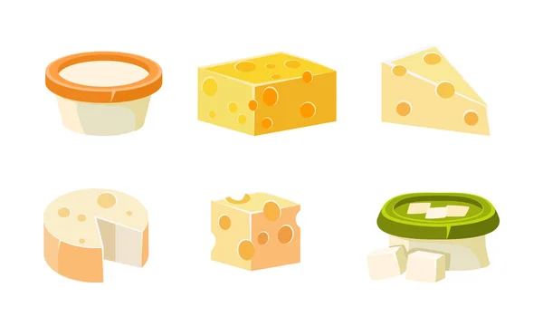 チーズの品揃えのコレクションは、様々 な種類の新鮮な安っぽい製品のベクトル イラスト — ストックベクタ
