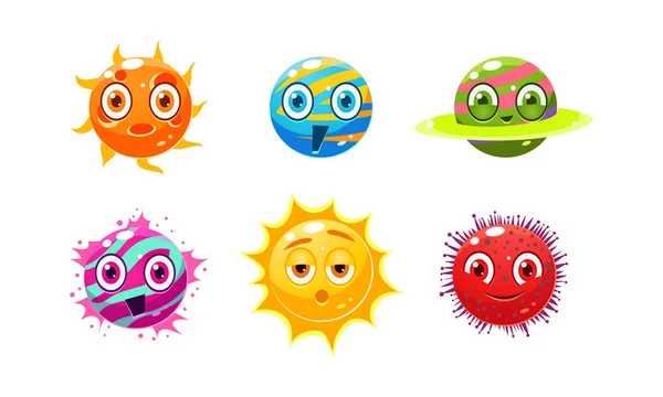 Verzameling kleurrijke fantasy tekens, planeten, bollen met grappige gezichten, gebruiker interface activa voor mobiele apps of videospelletjes vector illustratie — Stockvector