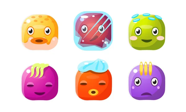 Verzameling leuke knoppen, kleurrijke kubussen met grappige gezichten, gebruiker interface activa voor mobiele apps of videospelletjes vector illustratie — Stockvector