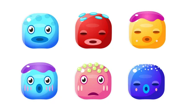 Kolekcja słodkie przycisków błyszczące, kolorowe kostki z Śmieszne miny, ilustracja wektorowa aktywów interfejsu użytkownika dla aplikacji mobilnych lub gier wideo — Wektor stockowy