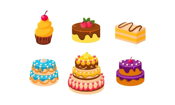 Colección de pasteles conjunto, postres de confección, pedazo de varios pasteles deliciosos vector Ilustración — Vector de stock