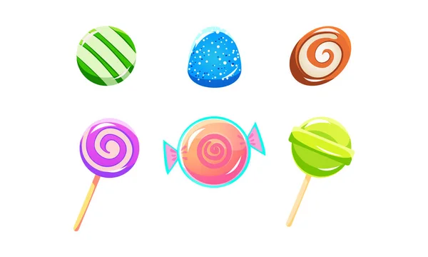 Coloridos caramelos brillantes y piruletas conjunto, dulces de diferentes formas, activos de interfaz de usuario para aplicaciones móviles o vectores de videojuegos Ilustración — Archivo Imágenes Vectoriales