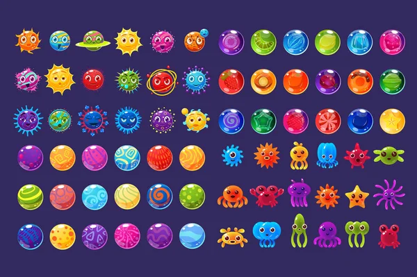 Fantasy colorful icons, collection for game design, microbe, ufo, sea creatures elements for mobile game assets vector Illustration — Stock Vector