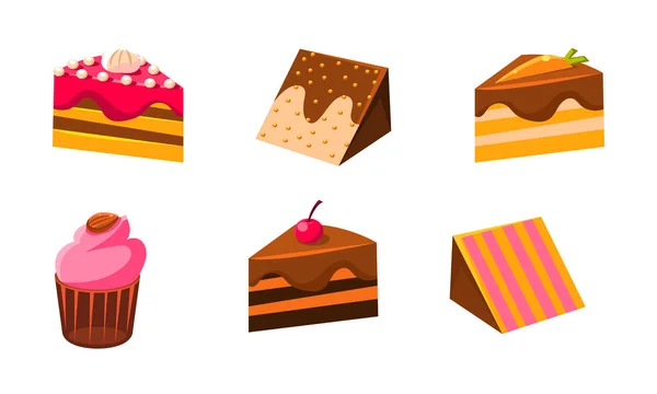 Συλλογή του συνόλου κέικ, κομμάτι του διάφορα επιδόρπια γευστικό σοκολατάκι διανυσματικά εικονογράφηση — Διανυσματικό Αρχείο