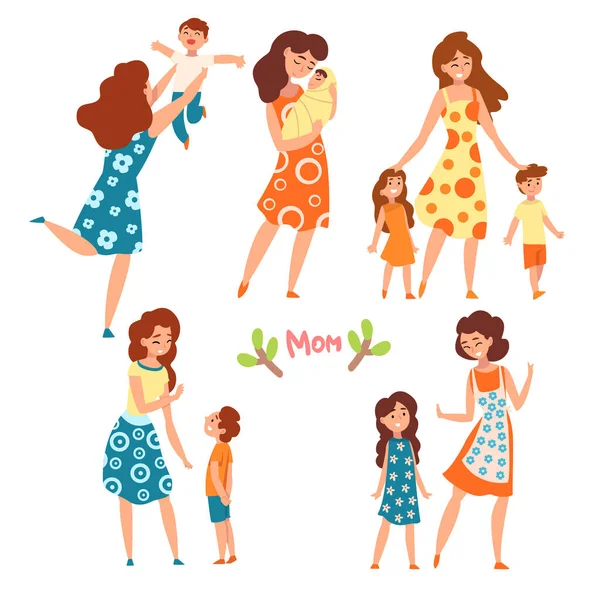 Le madri ei loro figli set, mamme parlare, camminare e divertirsi con i loro figli set, maternità, genitorialità concetto vettore Illustrazione — Vettoriale Stock