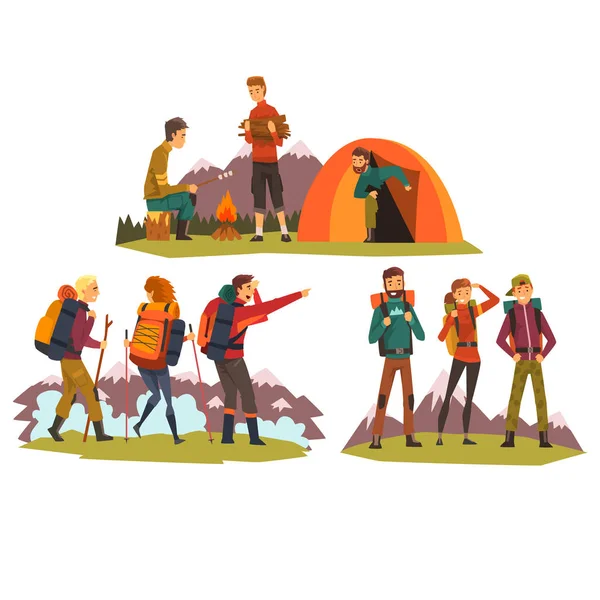 Birlikte seyahat eden insanlar, kamp, kamp, hiking, dağlarda, turist backpacking gezisi ya da sefer vektör çizim — Stok Vektör