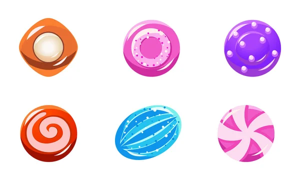 Colección de coloridos caramelos brillantes, dulces de diferentes formas, activos de interfaz de usuario para aplicaciones móviles o vectores de videojuegos Ilustración — Vector de stock