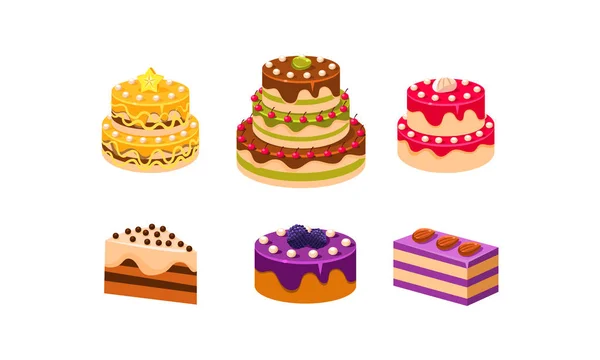 Colección de pasteles conjunto, varios deliciosos postres de confección con frutas y bayas vector Ilustración — Vector de stock