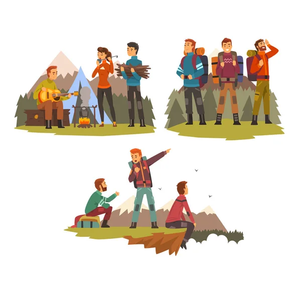 一起旅行的人, 野营的人, 游客在山上徒步旅行, 背包旅行或远征矢量插图 — 图库矢量图片