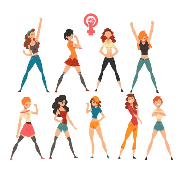 Mulheres jovens mostrando punhos definidos, símbolos do feminismo, luta, liberdade, conceito de protesto, poder feminino e vetor de direitos Ilustração — Vetor de Stock