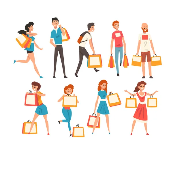 Collecte de personnes avec des sacs à provisions, hommes et femmes appréciant le shopping et l'achat de biens ou de cadeaux vectoriel Illustration — Image vectorielle