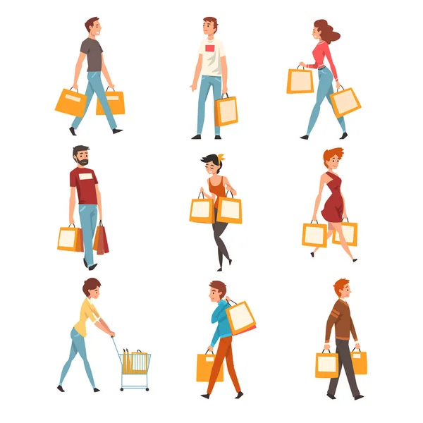 People with shopping bags set, young men and women enjoying shopping and purchasing of goods or gifts vector Illustration — Stock Vector