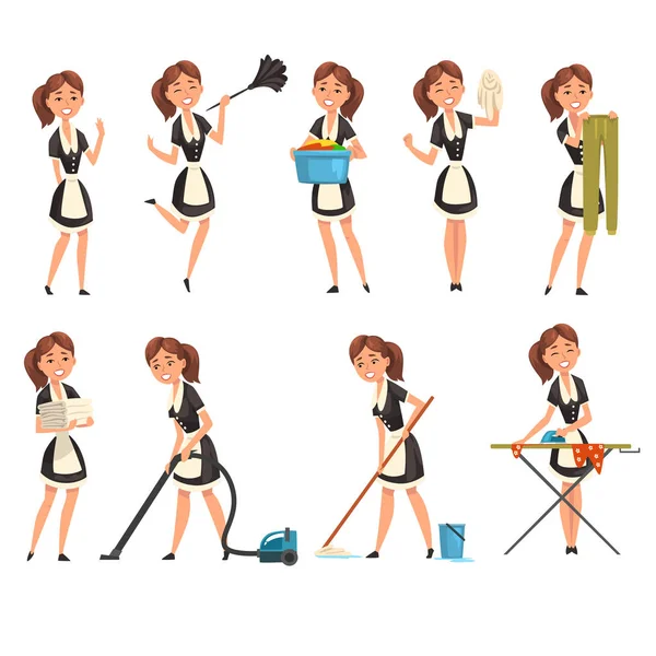 Criada de fresado posando en diferentes situaciones conjunto, carácter de criada vistiendo uniforme clásico, servicio de limpieza vector Ilustración — Vector de stock