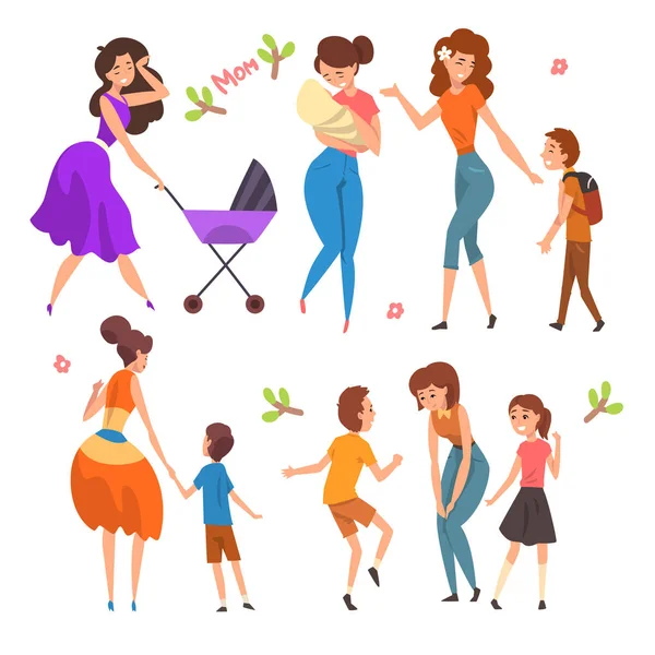 Madres pasando un buen rato con sus hijos conjunto, maternidad, crianza concepto vector Ilustración — Vector de stock