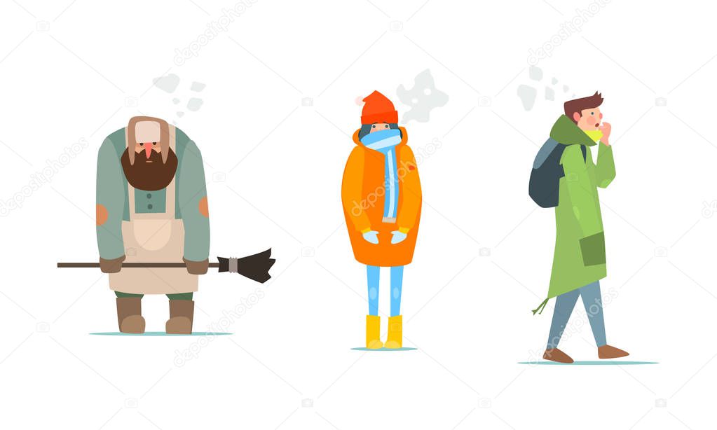 Warmly dressed people, janitor, girl and young man in winter clothes vector Illustration