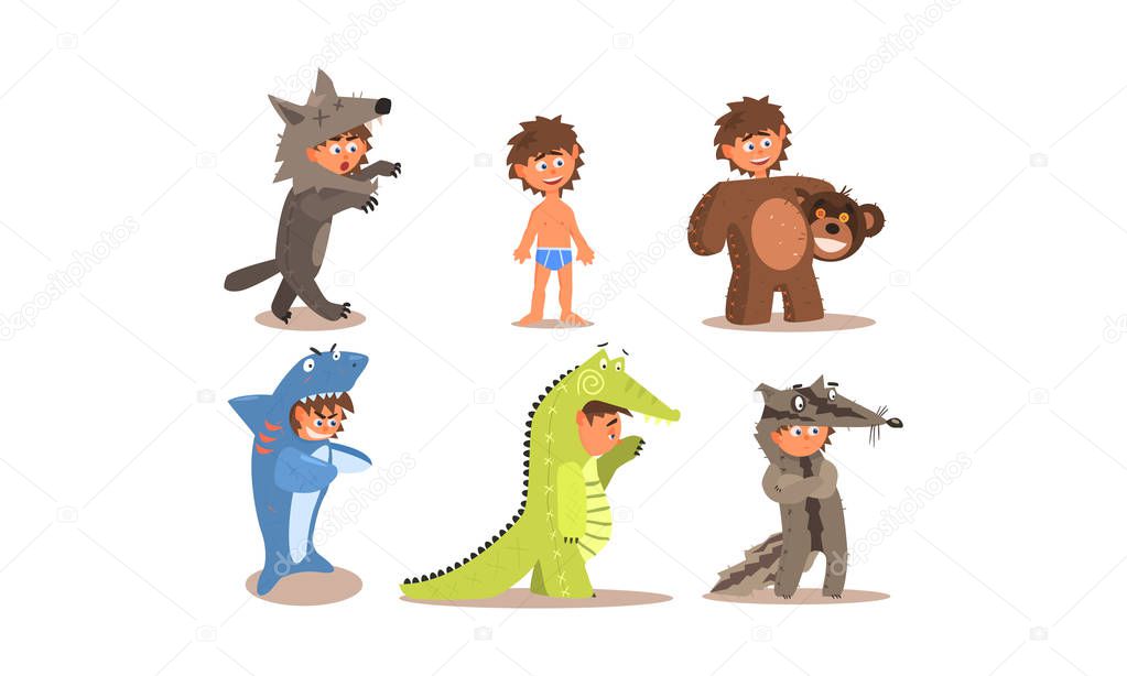 Boy in different masquerade costumes set, wolf, bear, shark fish, crocodile, raccoon, vector Illustration