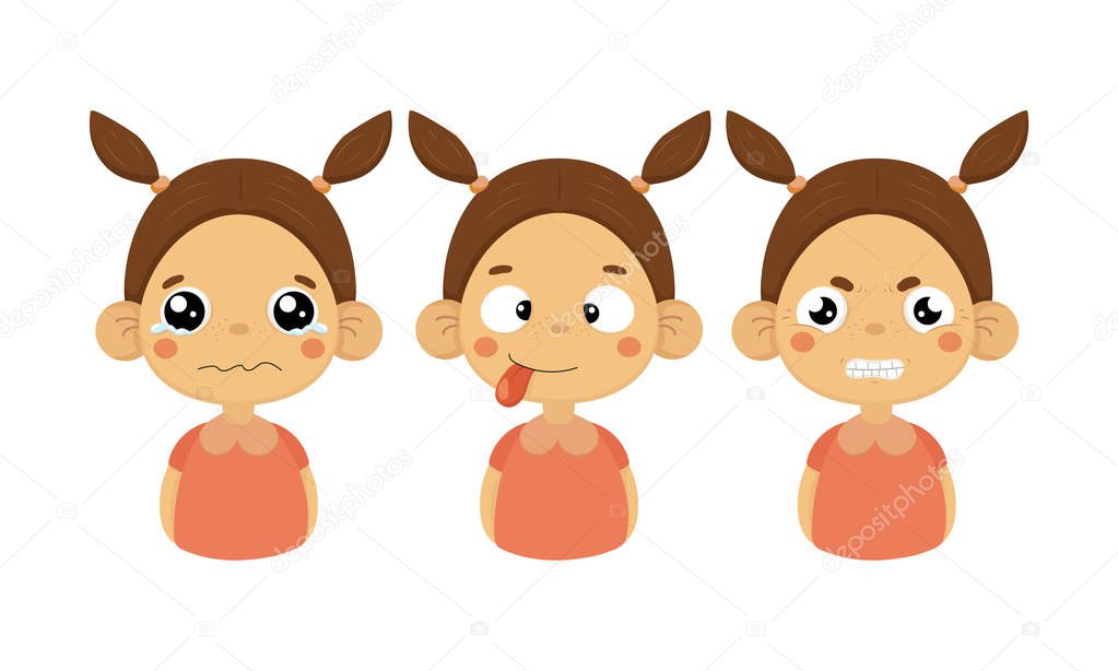 Flat vector set of little girl with different facial expressions. Crying child, tongue out and angry emotion