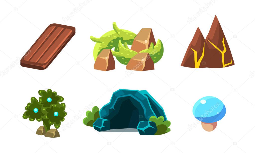 Vector set of cartoon landscape elements for mobile video game. Fantastic plants, cave, wooden board, stones