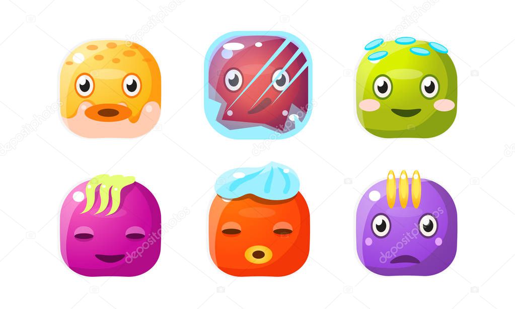 Collection of cute buttons, colorful cubes with funny faces, user interface assets for mobile apps or video games vector Illustration