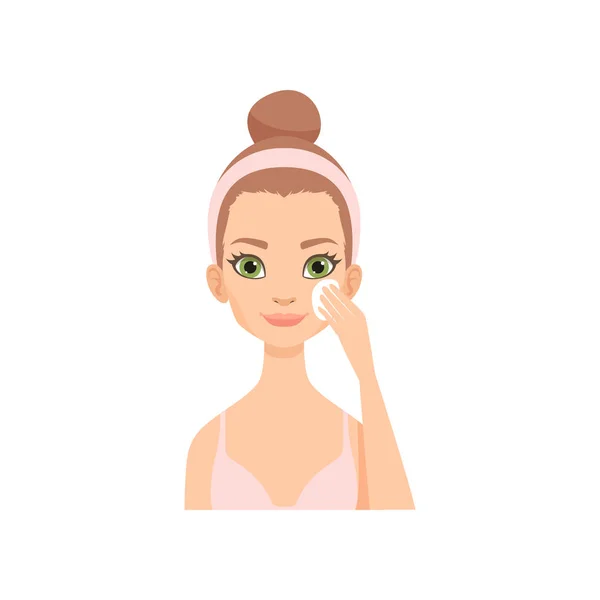 Jovem atraente limpando seu rosto com um cotonete, menina cuidando de seu rosto e pele, procedimento de tratamento facial, vetor Ilustração — Vetor de Stock